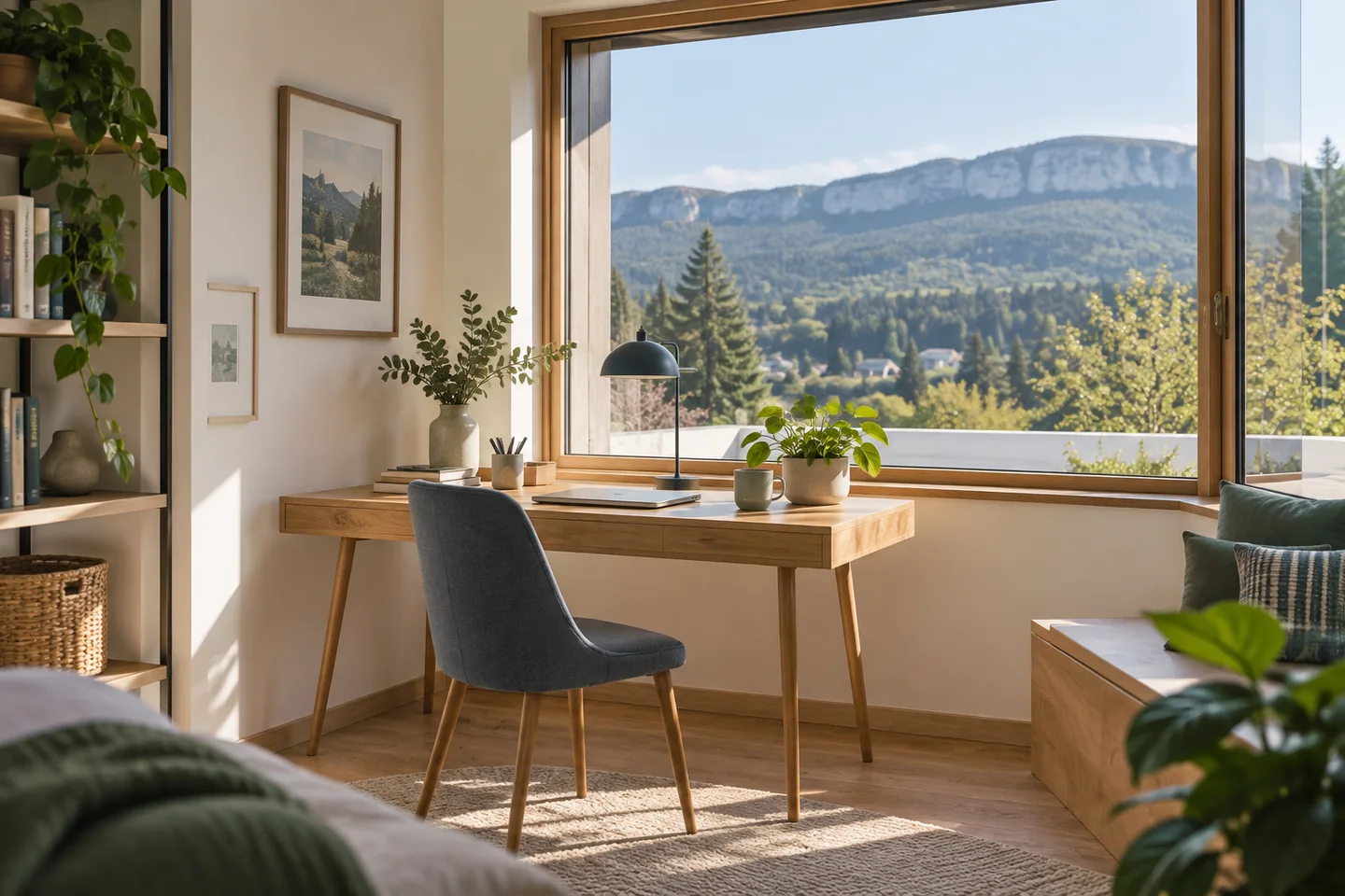 Espace de télétravail lumineux ouvert sur un paysage boisé