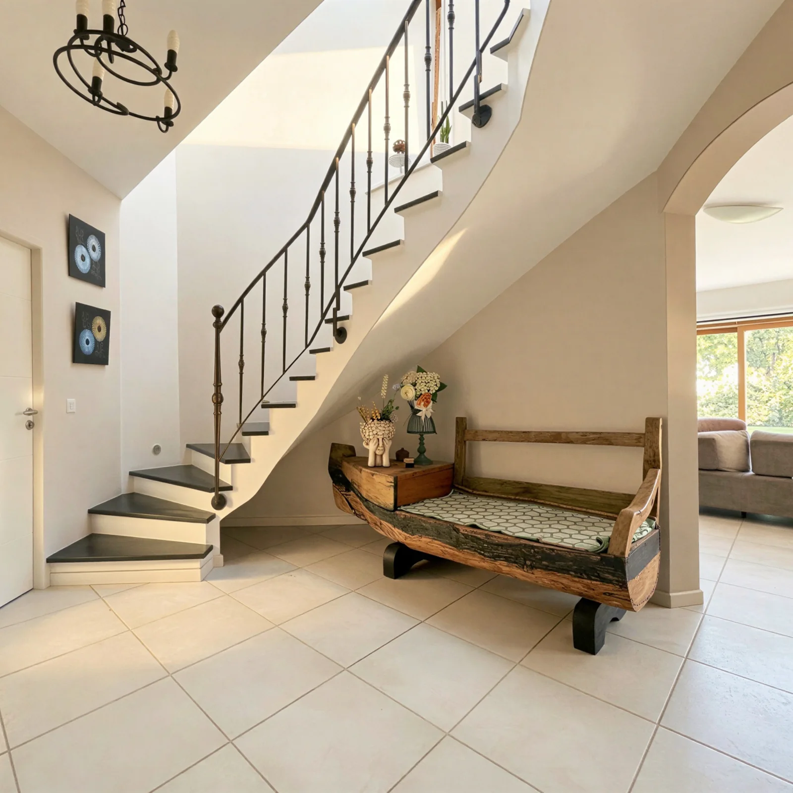 Entrée lumineuse avec escalier et banquette